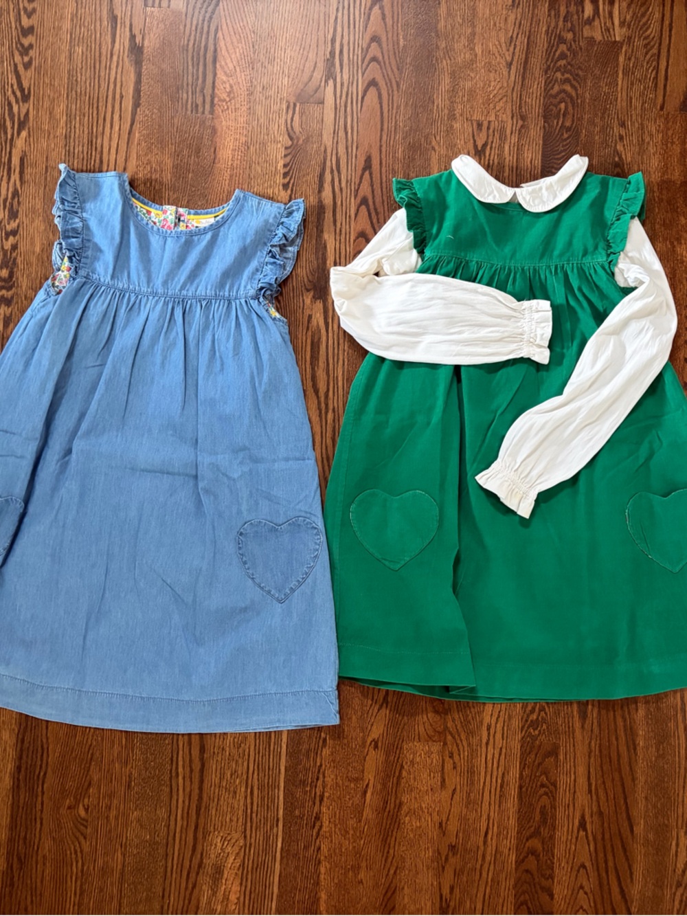 Green Corduroy Dress and Denim Dress and White Peter Pan Collar Long Sleeve Top